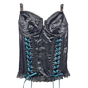 FREDERICK'S of Hollywood SEXY Corset  sz 38 Black Teal Bows Whimsygoth 90s Y2K
